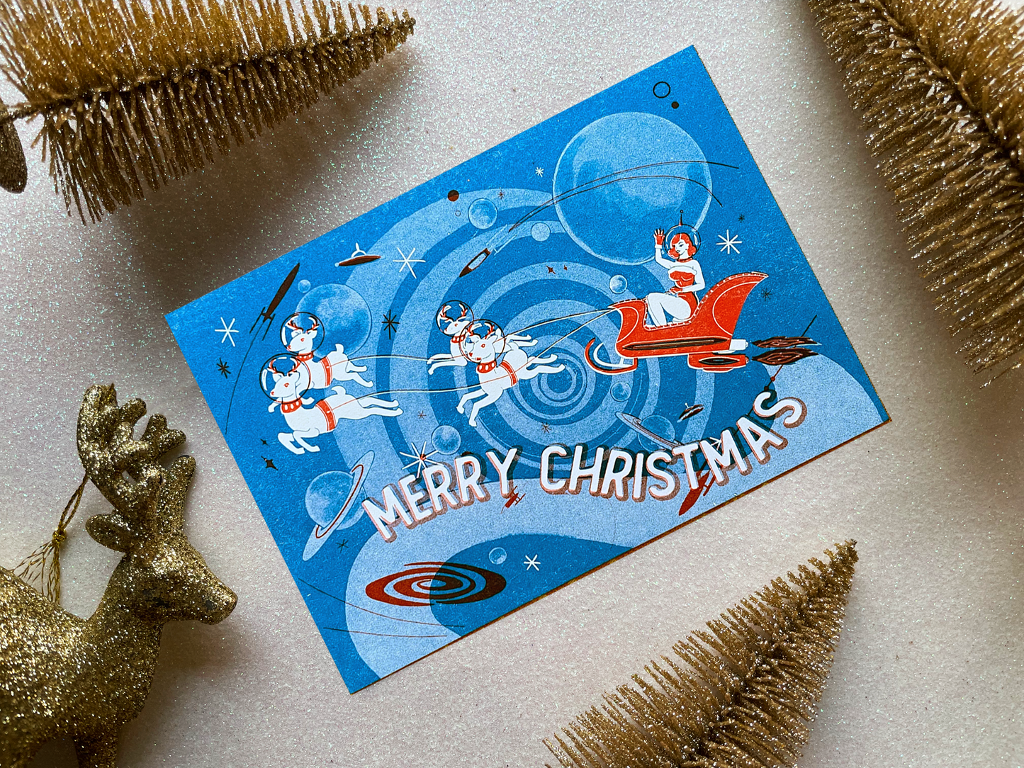 Retro space Christmas card