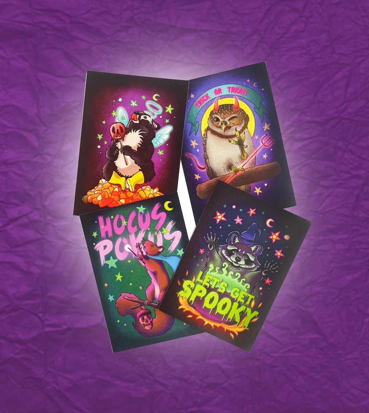 Set of 4 halloween animal cards